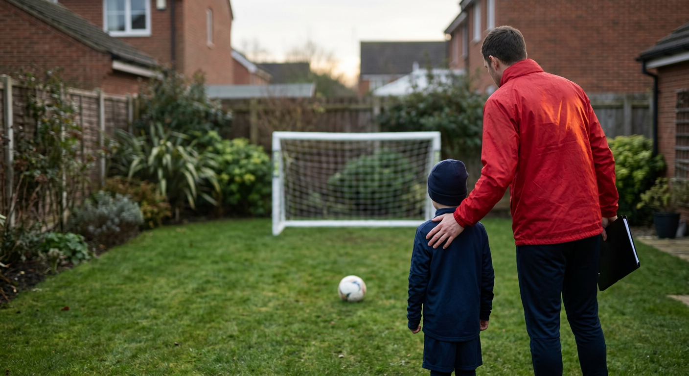 Youth football coach working on ball control with a child in a small garden setting