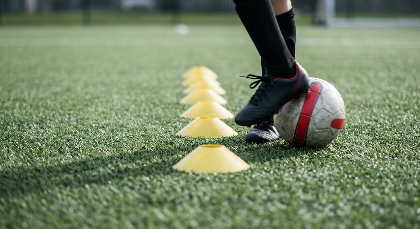 A DBS checked football coach leads a private one-to-one training session in a green garden environment