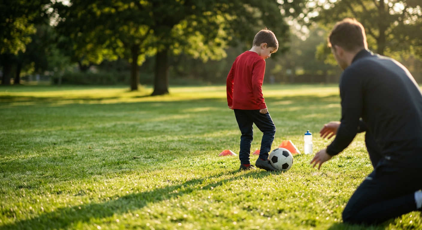 Young player participating in a focused football coaching Oakwood session within a private garden space