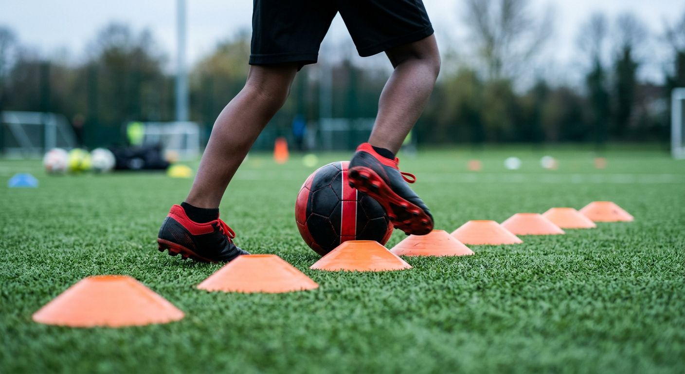 Young player dribbling a football around orange cones to improve close control under pressure during coaching