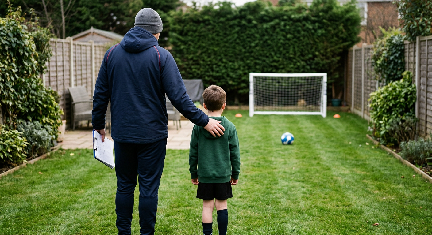 Child practicing ball control during a 12 week football improvement plan session in a garden