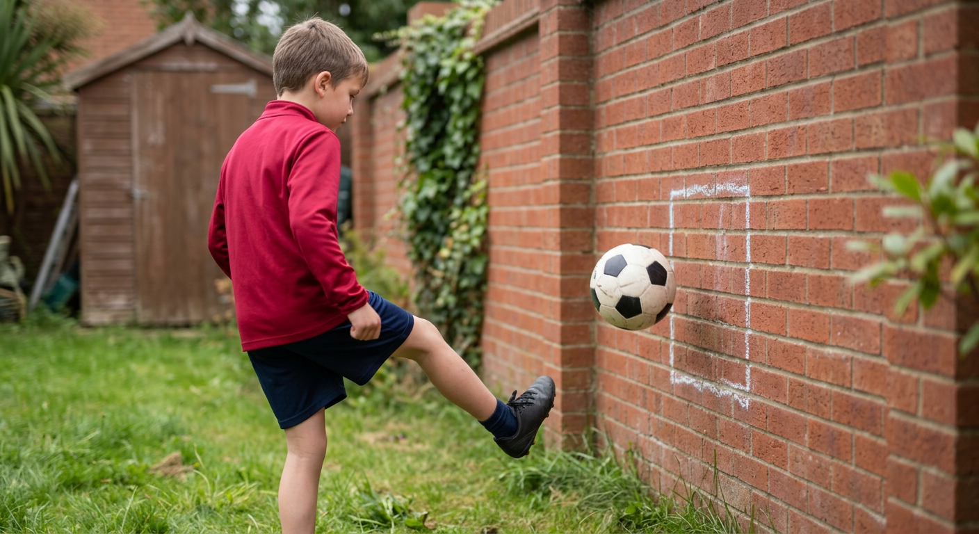 Coach working on game intelligence for children football drills with a player in a garden setting