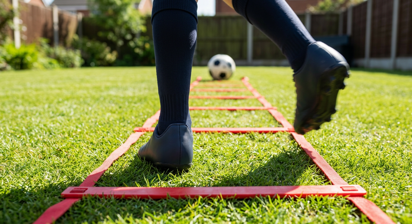 A young football player in training gear practices passing drills for children at home at dusk