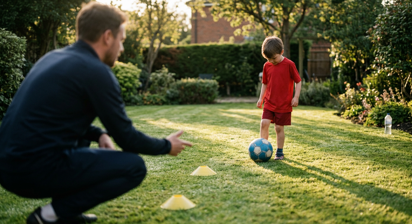 Youth football player and coach during a one-to-one football coaching Cockfosters training session in a garden