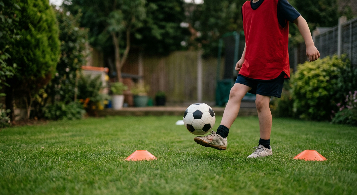 Young player in a garden football coaching session practicing ball control drills with a coach
