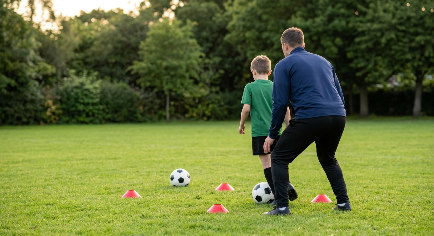 Young player practicing ball control during a private football coaching session in a green garden environment
