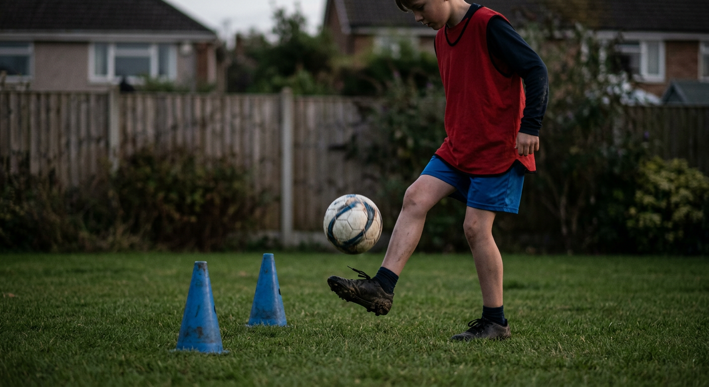 Young boy in red kit practicing ball control during garden football coaching session in Enfield