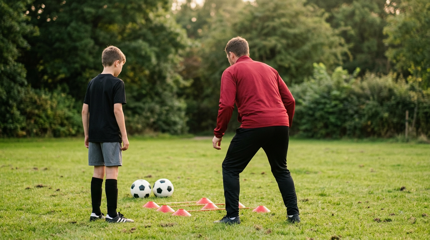 Youth football player practicing dribbling drills with a coach during a private coaching session outdoors