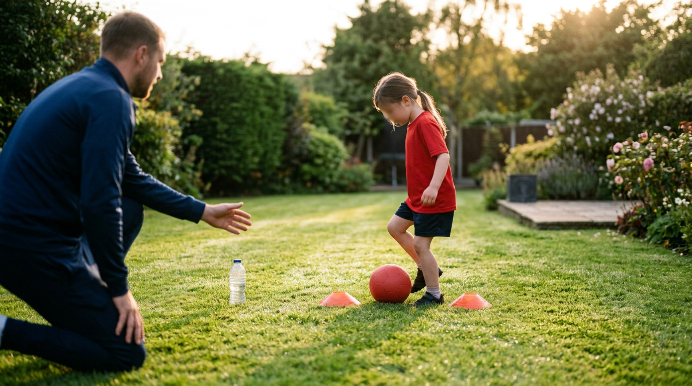 A young female player dribbles a football through orange cones during a private garden coaching session