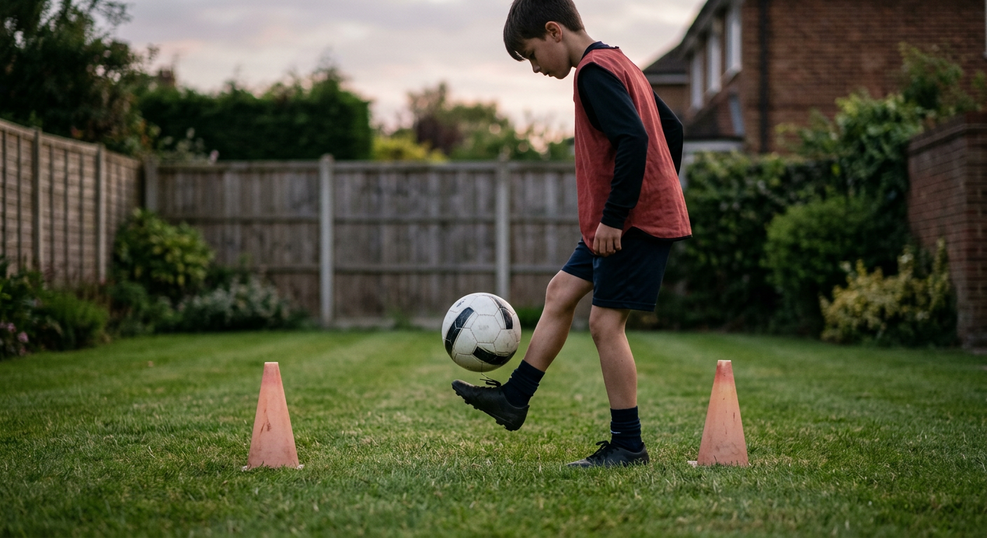 A youth football player practices ball control drills with a coach in a green garden setting