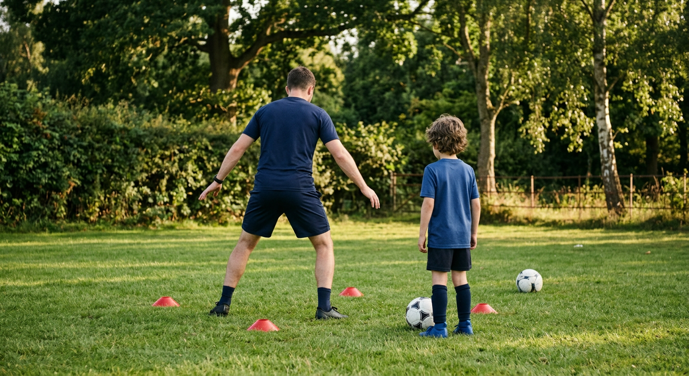 A young footballer practices close control drills with a coach during a garden ball mastery session