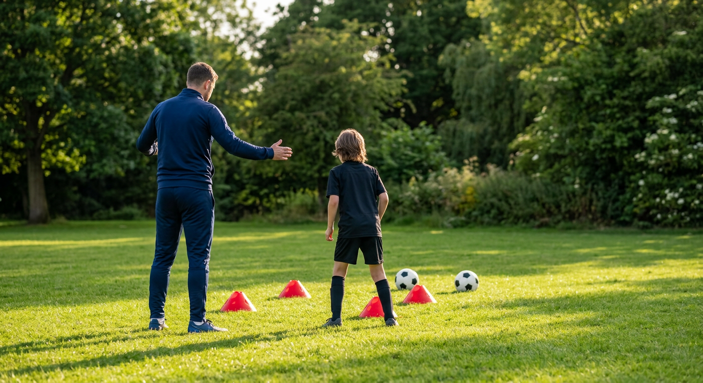 Two young siblings practising ball control drills with a football coach in a green garden back yard