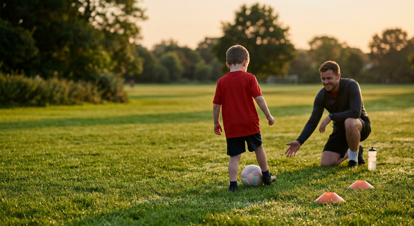 Young player and coach during a one-to-one football coaching session in a Winchmore Hill garden