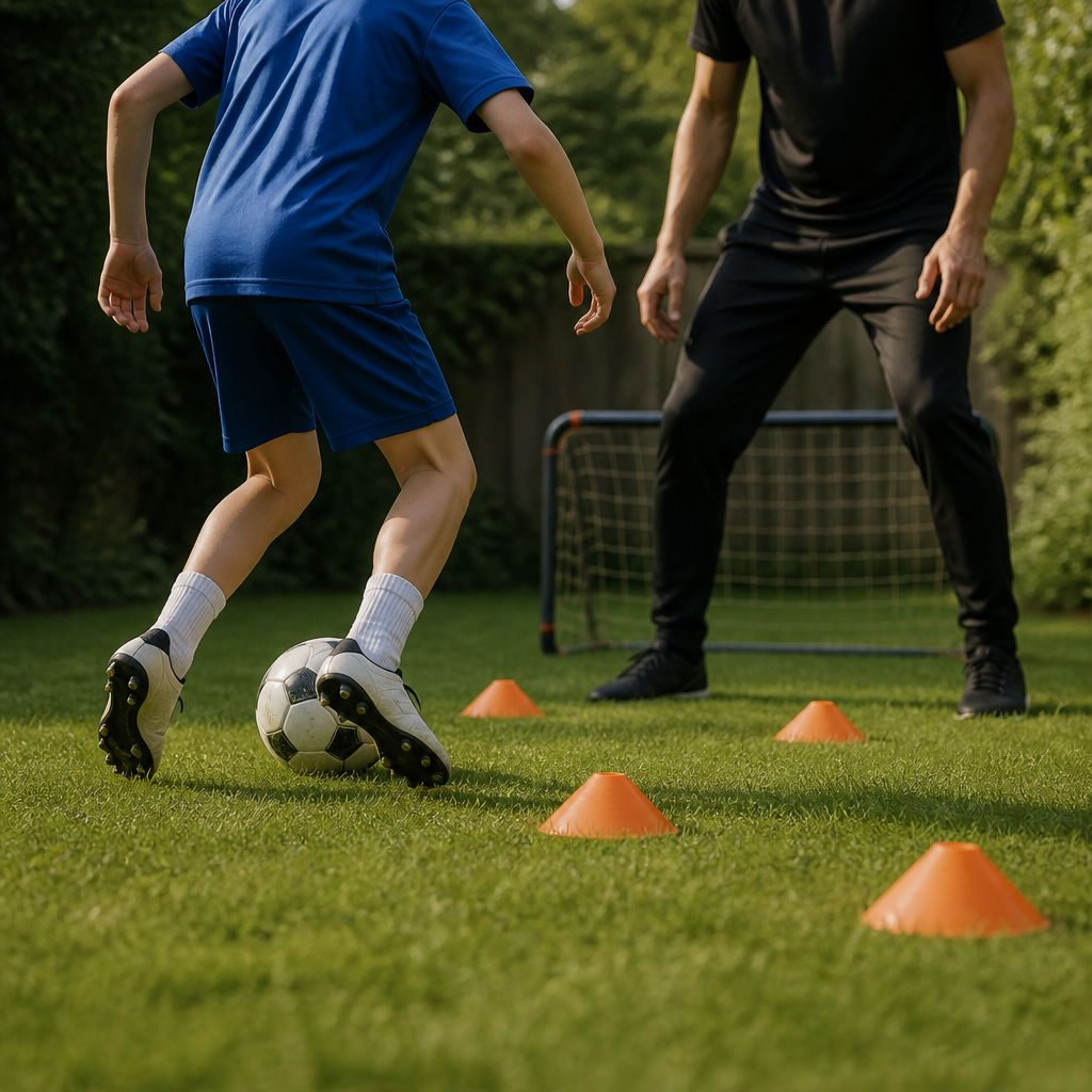 Young player in football kit practicing close ball control on a green lawn in Enfield