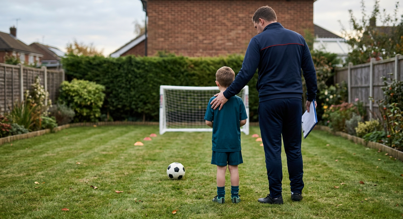 A coach and child performing footwork drills during position specific coaching for children in a garden