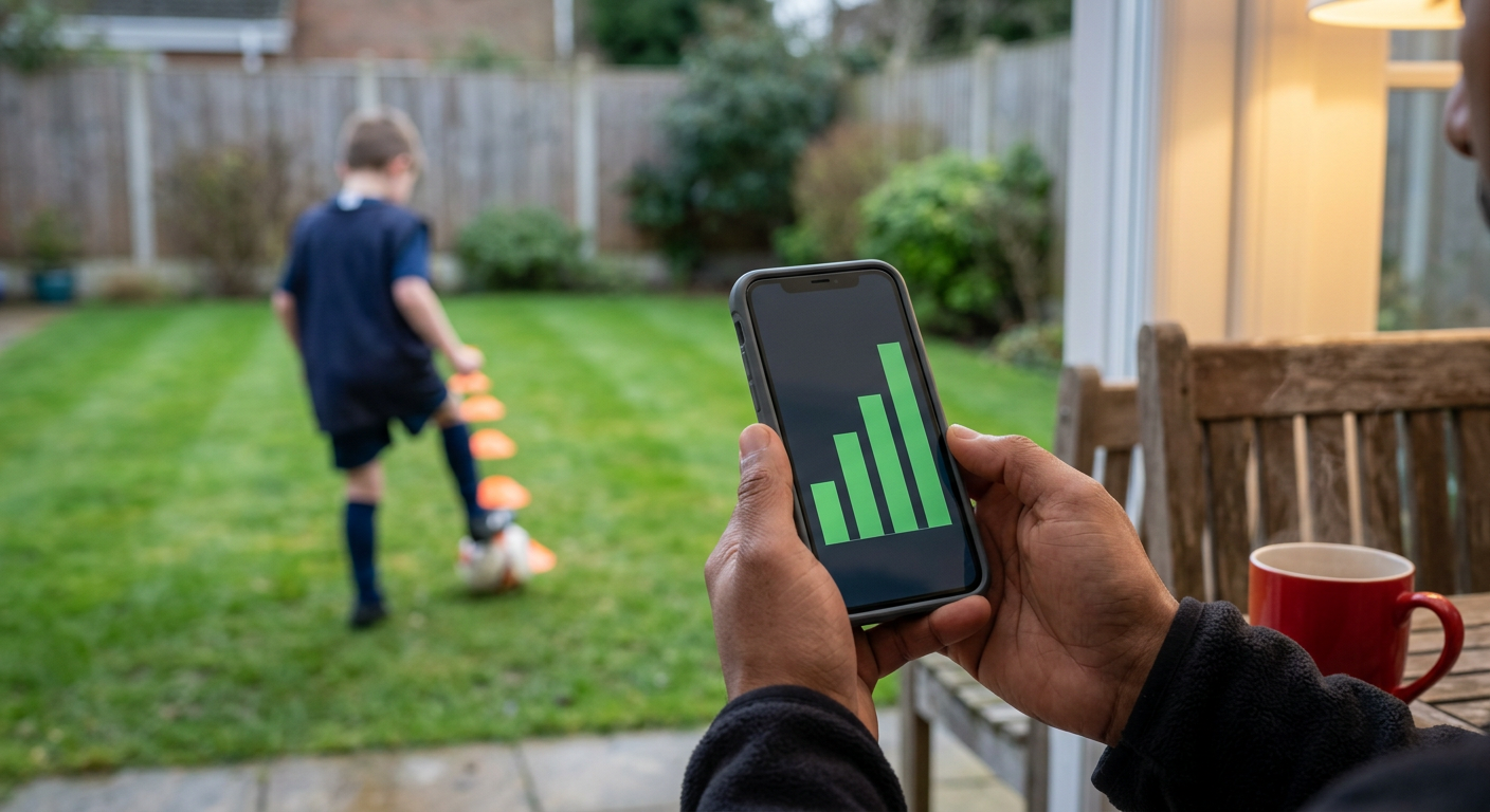 Young footballer practicing close ball control during a holiday football training blocks session in a garden