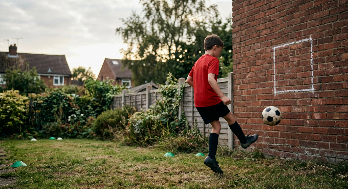 A young football player practicing defender training for children with a coach in a garden setting
