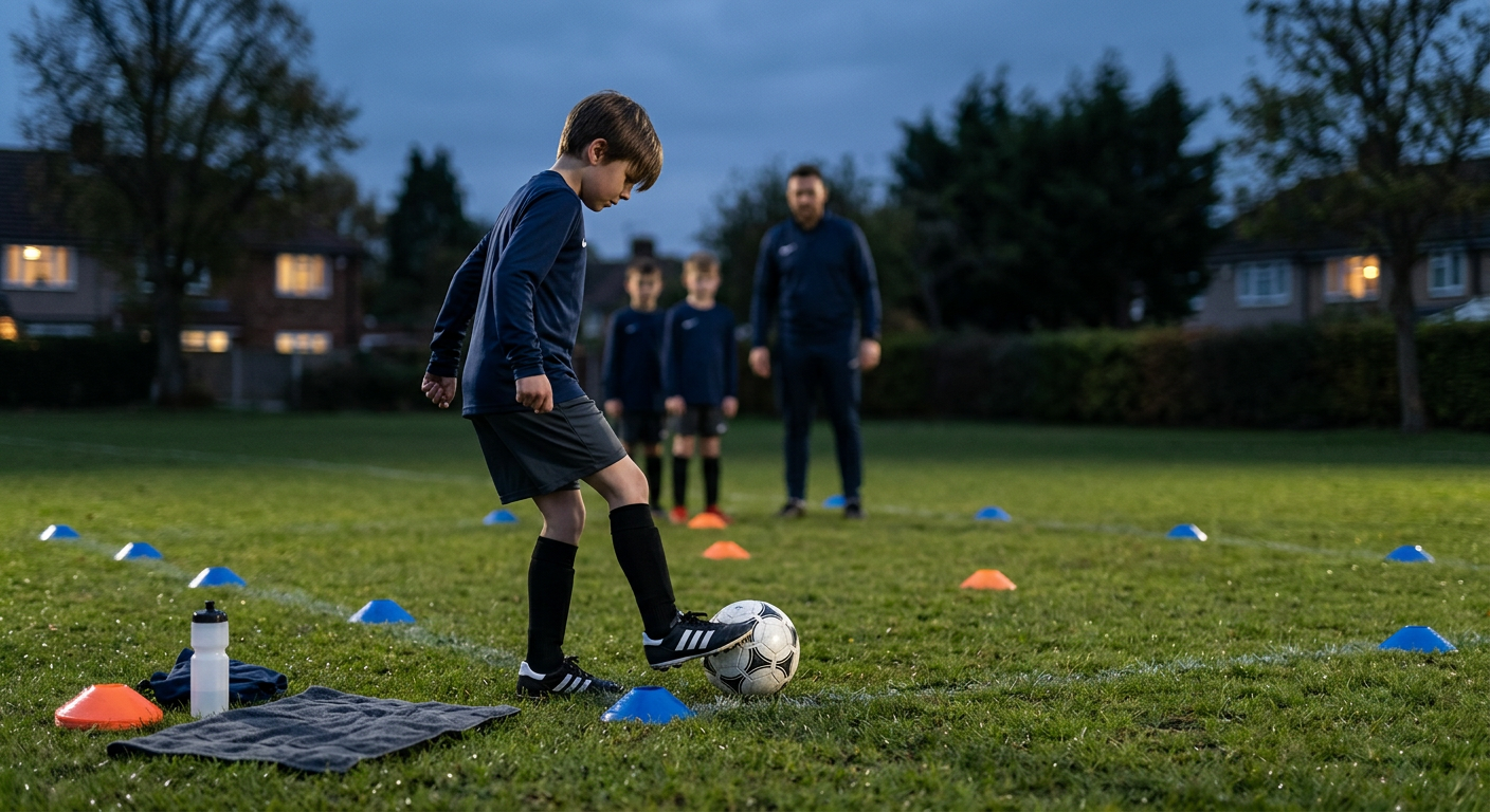 Youth player dribbling through orange cones during a half term football training session in a garden