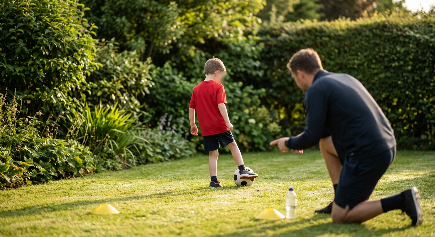 Young player receiving one to one football coaching in a garden practicing how to prepare for football trials