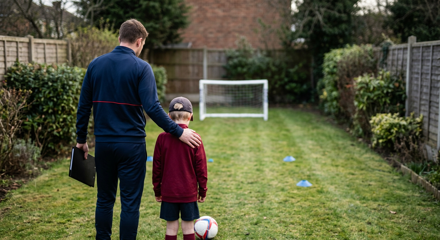 Outdoor football coach instructing a young player through passing drills in a sunny garden setting