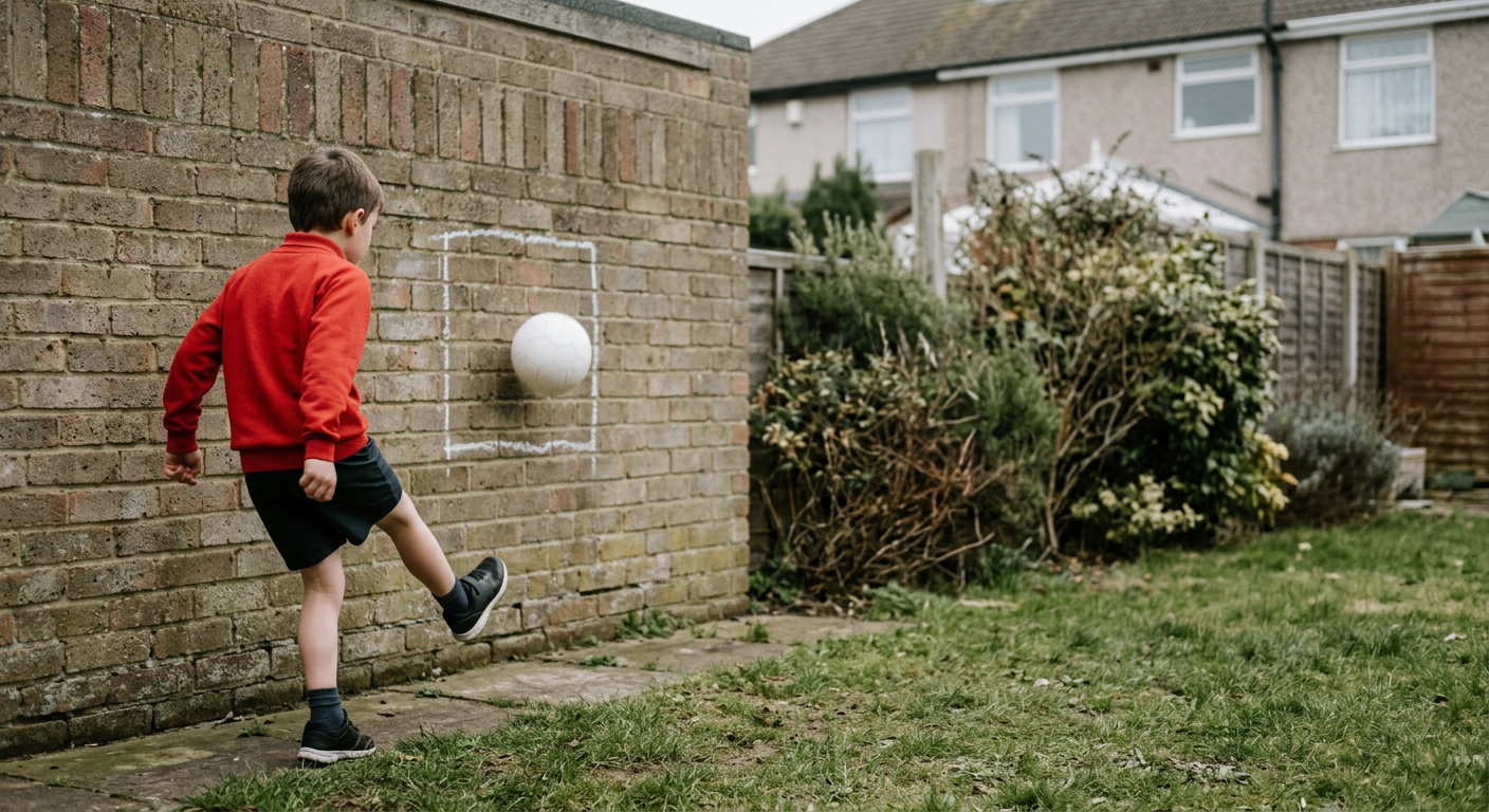 A young player uses their weaker foot to control a football during garden training drills