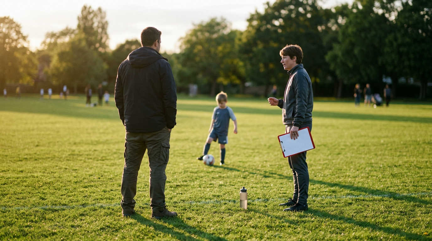 A coach training a child with a ball during a football birthday party Enfield activity