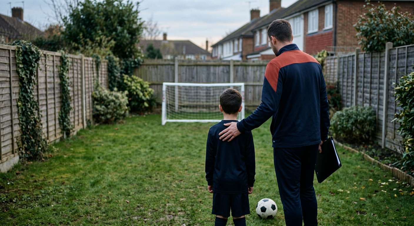 Young footballer practising winger training for children with a coach during a garden football session