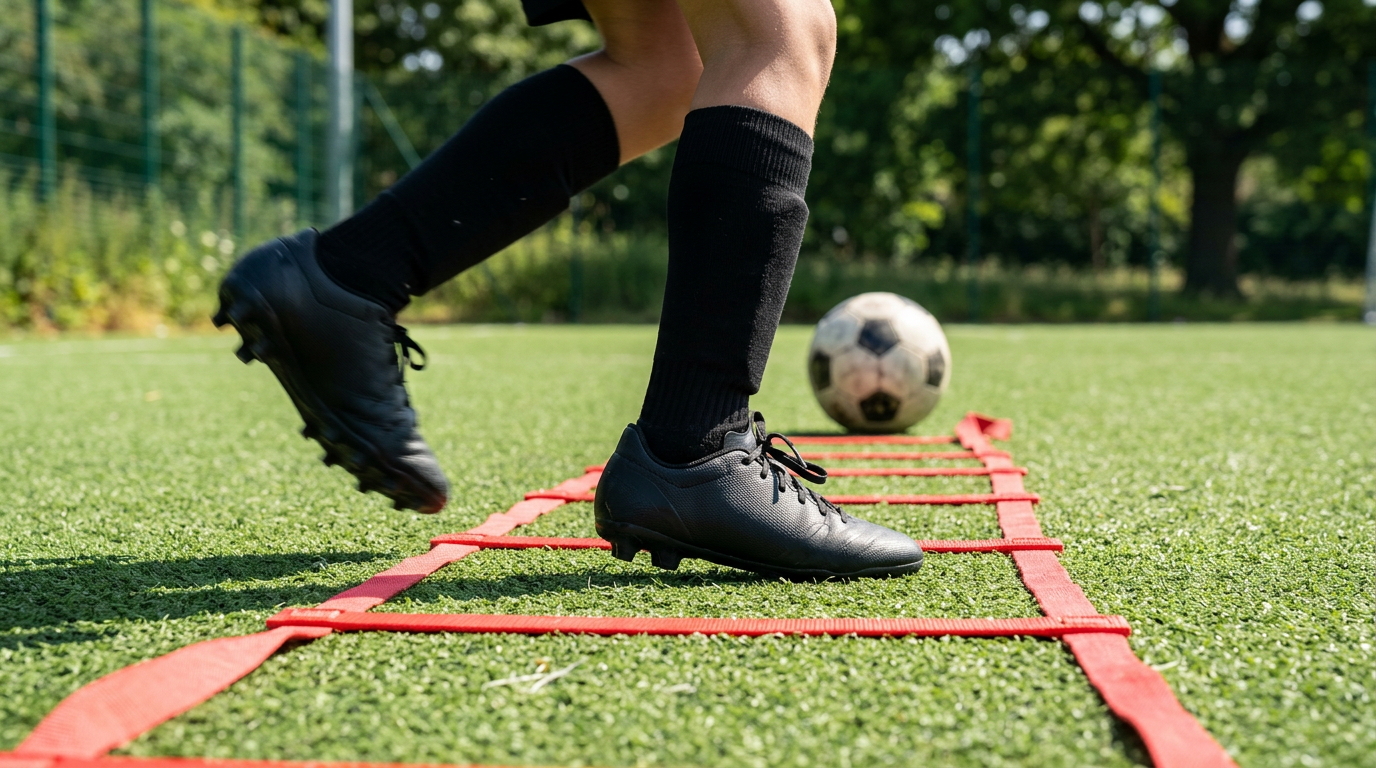 A young player performs speed and agility training with a football coach in an Enfield garden