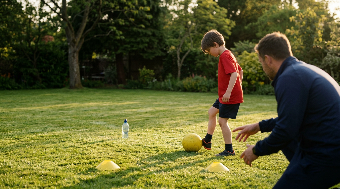 A child in football boots dribbles a ball during football coaching Grange Park garden session