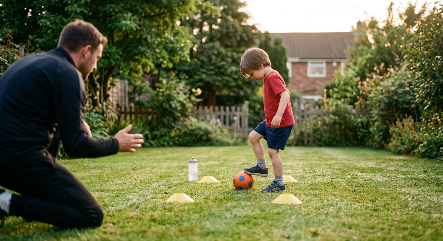 A coach supporting child football development during a private one to one garden training session