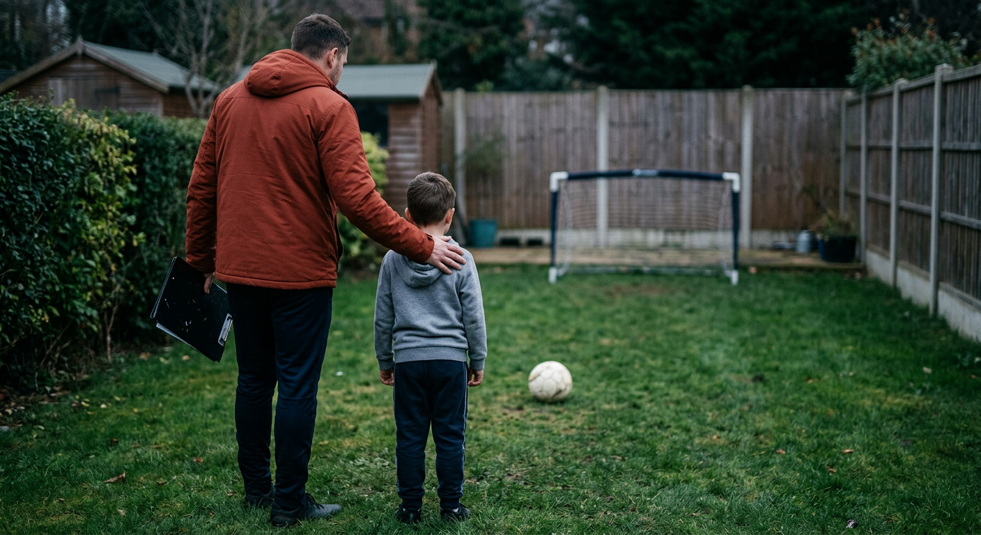 Youth football coach assisting a child with tackling technique during a one-to-one garden training session