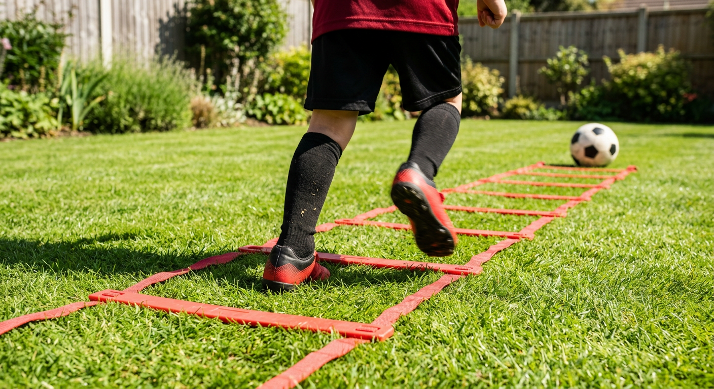 A coach and young player practicing ten minute football drills for children in a garden setting