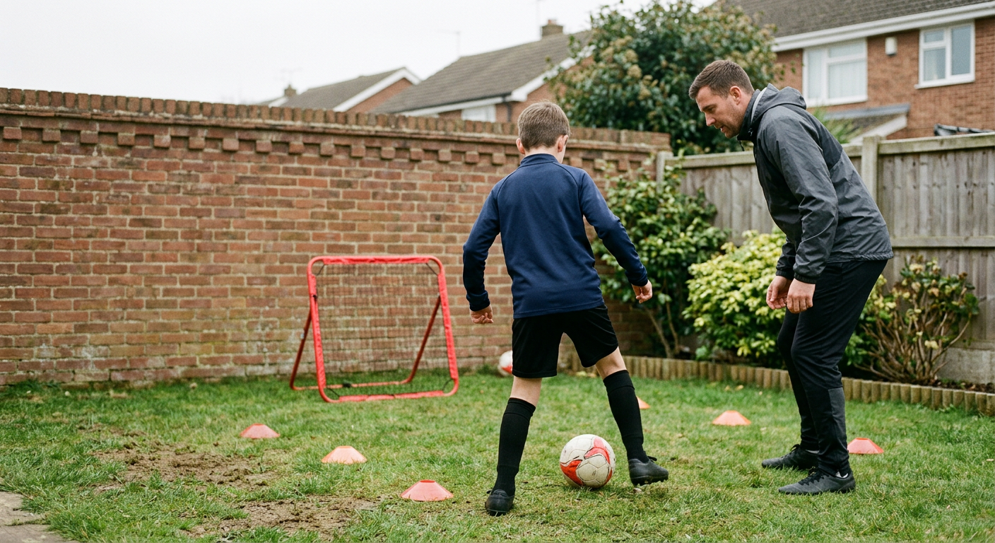 Young footballer performing footwork drills in a garden while a coach records with video feedback equipment