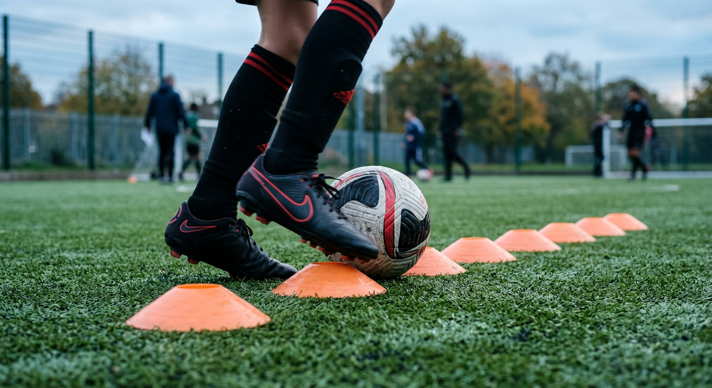 Young player dribbling a football around cones during private football training for children in North London