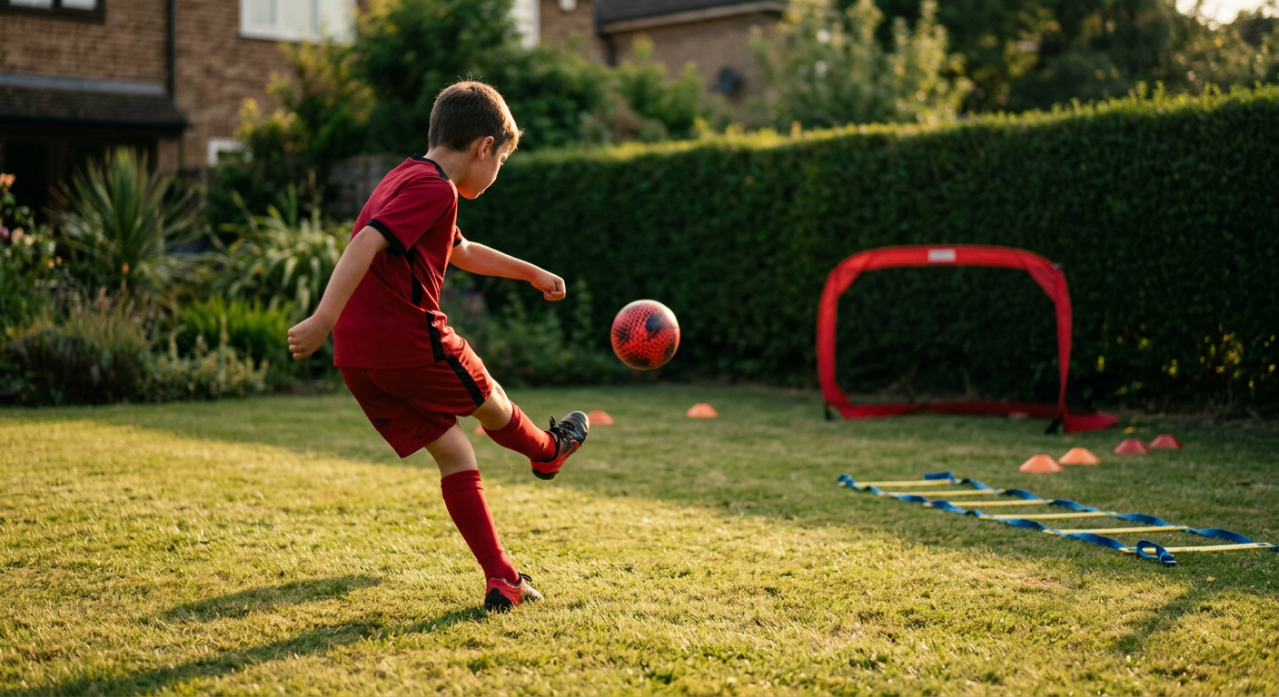 A child practicing striker coaching for children with a football coach in a private garden setting