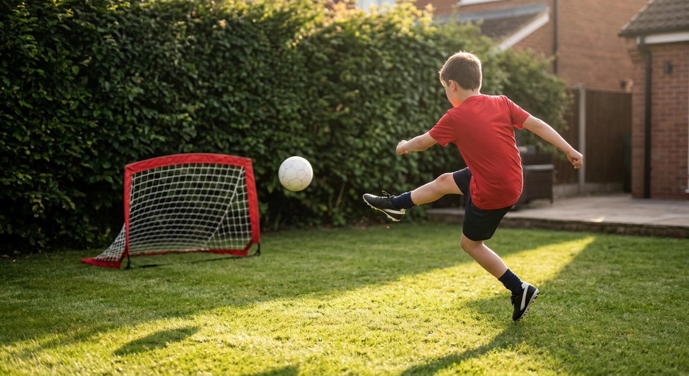 A football coach working on shooting practice for young players using a small garden training net
