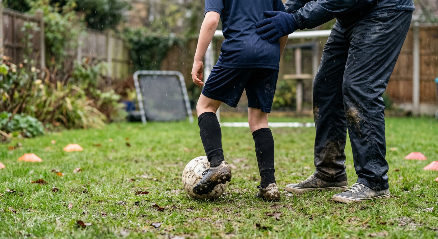 A young player dribbling a football around orange cones in a garden during coaching sessions