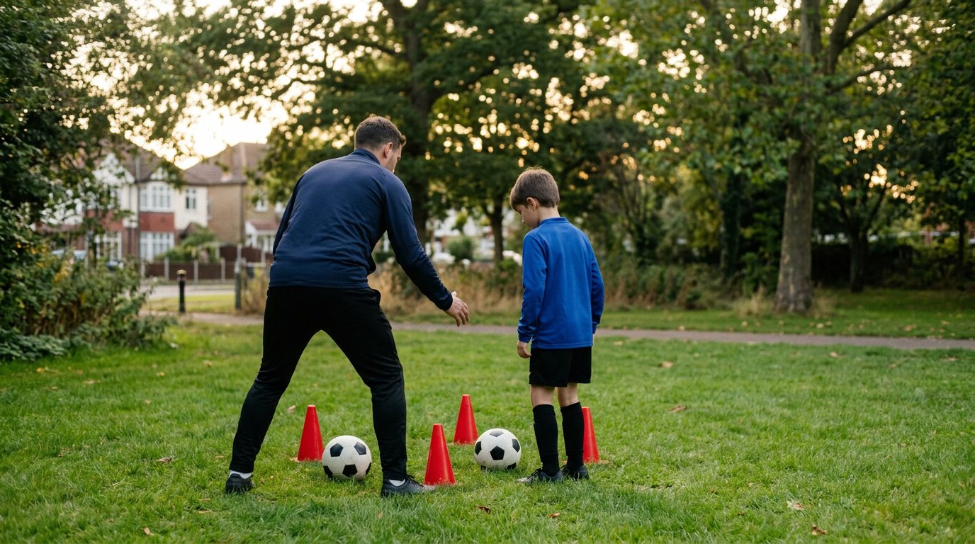 A young player practicing close ball control during a small group football coaching session for children