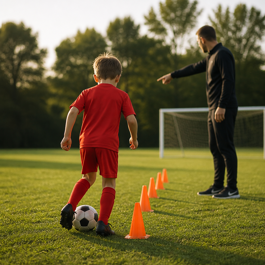 A child and coach during a beginner football coaching session in an Enfield garden setting