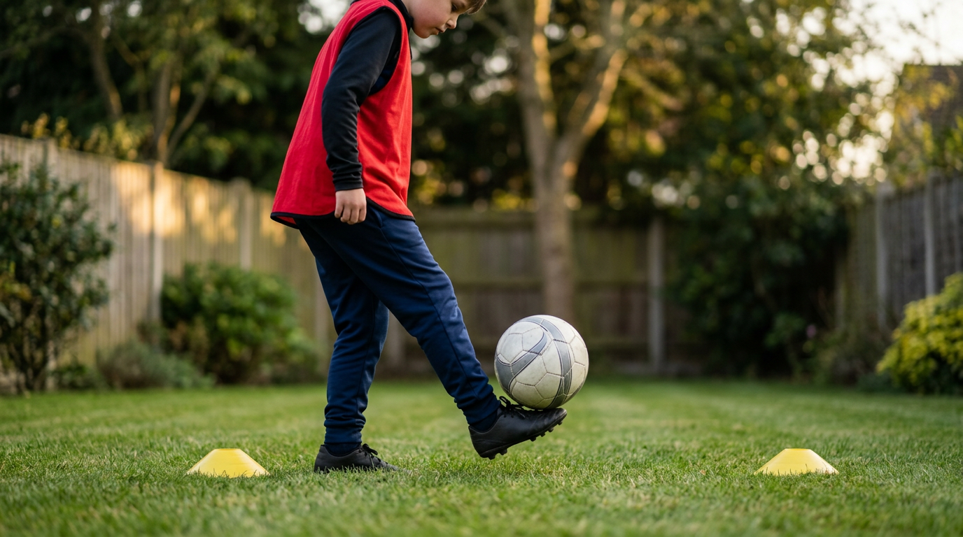A young footballer controlling a ball with their foot during a one-to-one garden training session